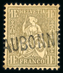 Stamp of Switzerland / Schweiz » Sitzende Helvetia Gezaehnt » Briefmarken 1862 1864, 1 Fr. golden, sauber entwertet mit schwarzem Stabstempel « AUBONNE »