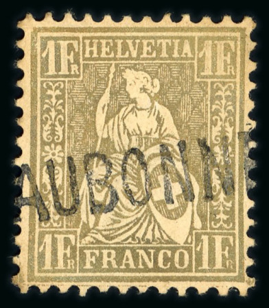 Stamp of Switzerland / Schweiz » Sitzende Helvetia Gezaehnt » Briefmarken 1862 1864, 1 Fr. golden, sauber entwertet mit schwarzem Stabstempel « AUBONNE »