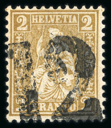 Stamp of Switzerland / Schweiz » Sitzende Helvetia Gezaehnt » Briefmarken 1867-1878 1874, 2 Rp. oliv, zentrisch entwertet mit schwarzer Ziffer «(5.)12. »