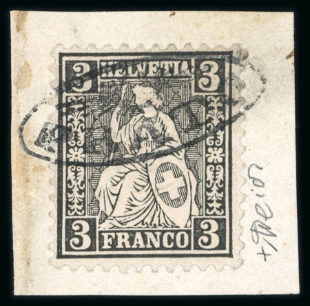 Stamp of Switzerland / Schweiz » Sitzende Helvetia Gezaehnt » Briefmarken 1862 1862, 3 Rp. schwarz auf kleinem Briefstück