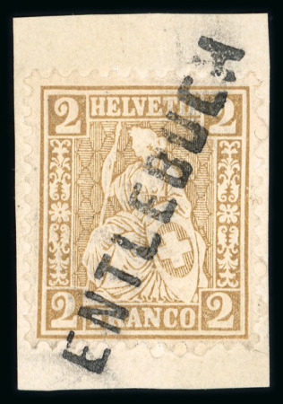 Stamp of Switzerland / Schweiz » Sitzende Helvetia Gezaehnt » Briefmarken 1867-1878 1874, 2 Rp. oliv, auf kleinem Briefstück