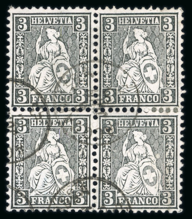 Stamp of Switzerland / Schweiz » Sitzende Helvetia Gezaehnt » Briefmarken 1862 1862, 3 Rp. schwarz, im Viererblock