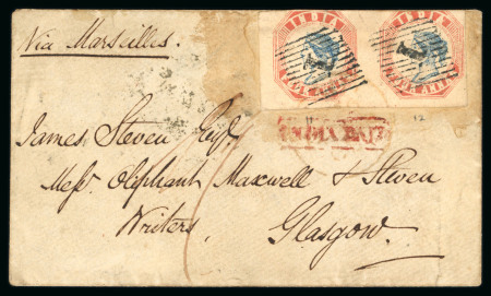 Stamp of India » 1854 Lithographs 1854 4a deep blue and red fifth printing, head die II, frame die I, pair on cover sent to Scotland