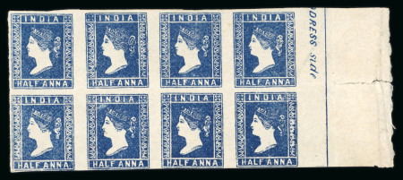 Stamp of India » 1854 Lithographs 1854 1/2a deep blue die I unused right marginal block of 8