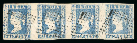 Stamp of India » 1854 Lithographs 1854 1/2a die II Blue (SG6)  used strip of four, slight