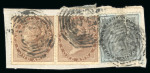 Stamp of India » Used Abroad » Straits Settlements » Singapore (172) 1855-64 De La Rue issues (1a, 4a, 8a) on piece cancelled