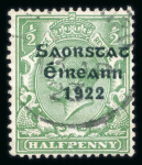 Stamp of Ireland » 1922-23 Thom Three-Line Overprints (T47-T61) 1/2d green, used single from overprint setting 1, showing missing accent variety from position R15/12, fine and very rare (Hib.€1'125)