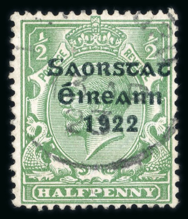 Stamp of Ireland » 1922-23 Thom Three-Line Overprints (T47-T61) 1/2d green, used single from overprint setting 1, showing missing accent variety from position R15/12, fine and very rare (Hib.€1'125)