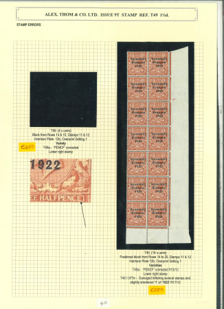 Stamp of Ireland » 1922-23 Thom Three-Line Overprints (T47-T61) 1/2d green, 1d scarlet, 1 1/2d red brown, attractive balance study neatly mounted and knowledgeably written up on forty-album pages, showing a fine array of mint and used, with both singles, pairs, strips and blocks of f