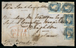 Stamp of India » 1854 Lithographs 1855 (Apr 9) envelope to England with four 1/2a blue die, in two vertical pairs