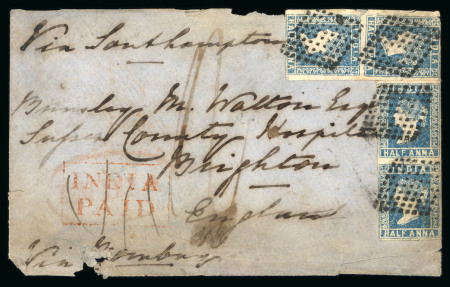 Stamp of India » 1854 Lithographs 1855 (Apr 9) envelope to England with four 1/2a blue die, in two vertical pairs