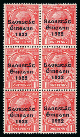 Stamp of Ireland » 1922-23 Thom Three-Line Overprints (T47-T61) 1d scarlet, mint and mint nh block of six, one showing accent inserted over 't' variety, very fine, unusual and rare