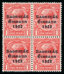 Stamp of Ireland » 1922-23 Thom Three-Line Overprints (T47-T61) 1d scarlet, mint and mint nh block of four, one showing reversed Q in ONE variety, very fine, unusual and scarce (Hib.€450)