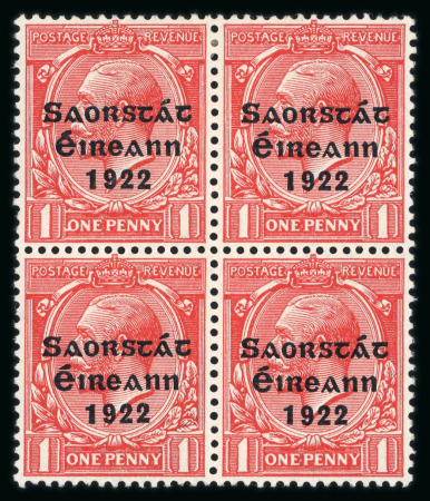 Stamp of Ireland » 1922-23 Thom Three-Line Overprints (T47-T61) 1d scarlet, mint and mint nh block of four, one showing reversed Q in ONE variety, very fine, unusual and scarce (Hib.€450)