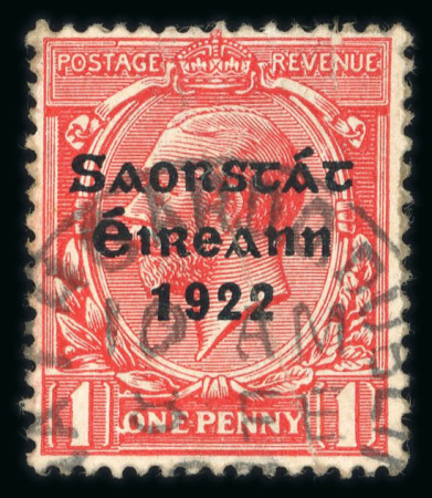 Stamp of Ireland » 1922-23 Thom Three-Line Overprints (T47-T61) 1d scarlet, used single, showing reversed Q in ONE variety, very fine, unusual and scarce (Hib.€375)