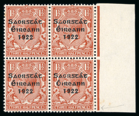Stamp of Ireland » 1922-23 Thom Three-Line Overprints (T47-T61) 1 1/2d red-brown, mint and mint nh right sheet marginal