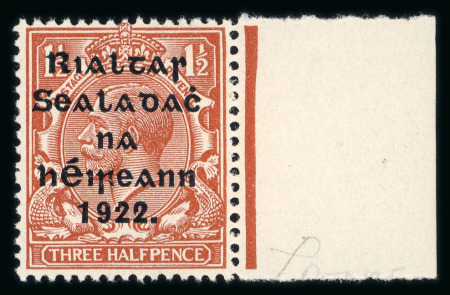 Stamp of Ireland » 1922 (Jul-Nov) Thom Overprints (T25-T41) 1 1/2d red-brown, mint nh right sheet marginal single, showing PENCF corrected variety