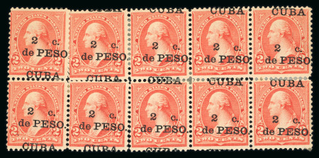 Stamp of Cuba » US Administration Cuba USA 1899 2c on 2c reddish carmine, type IV surcharge error block
