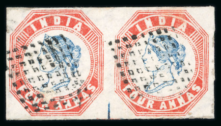 Stamp of India » 1854 Lithographs 1854 4a blue and red, fourth printing, in used horiz. pair, cut-square with good even margins