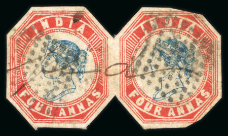 Stamp of India » 1854 Lithographs 1854 4a blue and red, fourth printing, in horiz. used pair, cut-to-shape