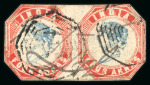 Stamp of India » 1854 Lithographs 1854 4a blue and red, fourth printing, in used horiz. pair, cut-to-shape with framelines clear