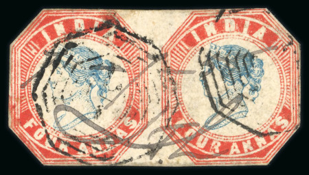 Stamp of India » 1854 Lithographs 1854 4a blue and red, fourth printing, in used horiz. pair, cut-to-shape with framelines clear
