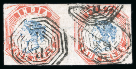 Stamp of India » 1854 Lithographs 1854 4a blue and rose-red, fifth printing, in used horiz. pair, cut square