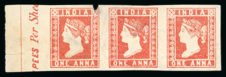 Stamp of India » 1854 Lithographs 1854 1a red die II unused left marginal strip of four, faults