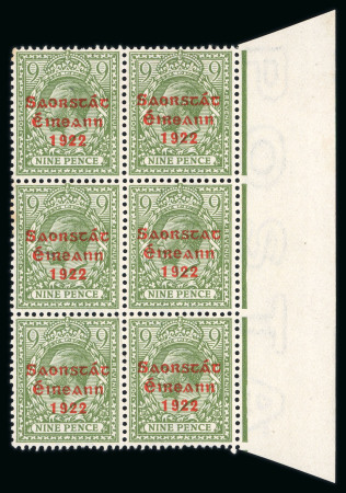 Stamp of Ireland » 1922-23 Thom Three-Line Overprints (T47-T61) 9d olive green, mint nh right sheet marginal block of six , one showing missing accent variety, few toned perfs., fresh, very fine and scarce (Hib.€340+)
