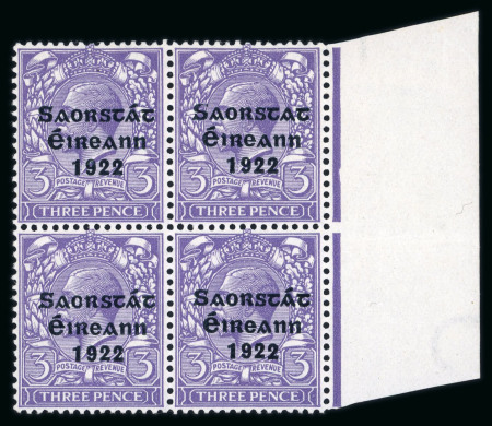 Stamp of Ireland » 1922-23 Thom Three-Line Overprints (T47-T61) 3d bluish violet, mint nh right sheet marginal block of four, one showing missing accent variety, fresh, very fine and scarce (Hib.€339+)