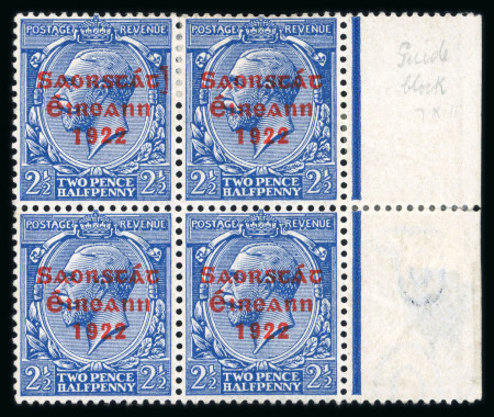 Stamp of Ireland » 1922-23 Thom Three-Line Overprints (T47-T61) 2 1/2d bright blue, mint and mint nh right sheet marginal block of four, one showing guide block variety, fresh, very fine and scarce (Hib.€300+)
