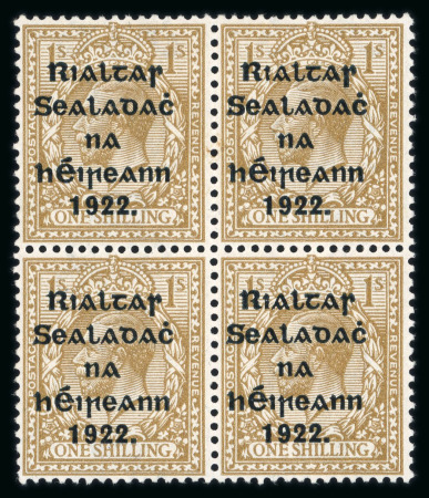 Stamp of Ireland » 1922 (Jul-Nov) Thom Overprints (T25-T41) 1s bistre-brown, mint nh block of four, showing ONF for ONE plate error on position 8/10, fresh, fine and scarce (Hib. €450+)