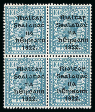 Stamp of Ireland » 1922 (Jul-Nov) Thom Overprints (T25-T41) 10d turquoise-blue, mint nh block of four, showing broken frame line plate error in position 9/1, fresh, fine and scarce (Hib. €600+)