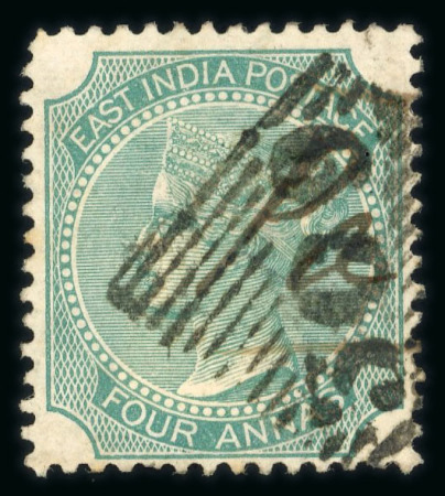 Stamp of India » Used Abroad » Muscat 1866-78 4a blue-green die II (S.G. 71) used with "309" numeral of Muscat