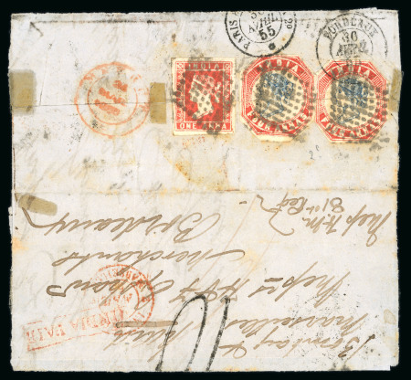 Stamp of India » 1854 Lithographs 1855 (Mar 24) entire to France, franked on the reverse with two 1854 4a second printings and 1a die I