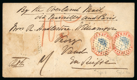Stamp of India » 1854 Lithographs 1855 envelope to Switzerland with two 1854 4a second printing, both cut-to-shape, missing two stamps