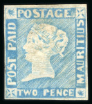 Stamp of Mauritius » 1848-59 Post Paid Issue » Worn Impressions (SG 16-22) Post Paid 2d blue, two examples with worn impressions, plus Lapirot worn impression