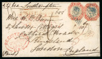 Stamp of India » 1854 Lithographs 1857 (Feb 4) envelope sent registered to England with two 4a cut-to-shape