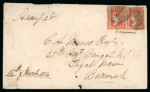 Stamp of India » 1854 Lithographs 1856 (Mar 15) envelope from Dacca to Burma franked with two 1854 1a die II