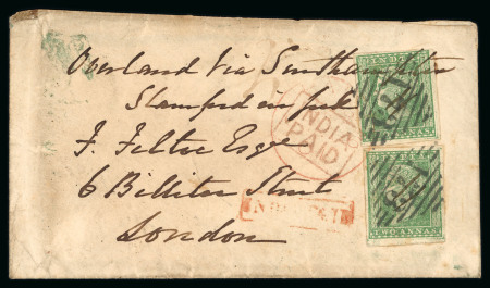 Stamp of India » 1854 Lithographs 1857 (Nov 14) envelope from Landour (North Western Province) to England with two 1854 2a