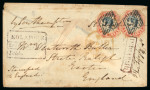 Stamp of India » 1854 Lithographs 1856 (Mar 30) envelope from Kolapore to England with two 1854 4a head die III, frame II