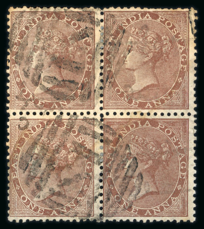 Stamp of India » 1855-1946 De La Rue and later Crown Colony Issues 1865 1a chocolate used block of four, with "S1" barred ovals of Shanghai
