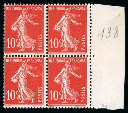 Stamp of France » Émissions à partir de 1900 1907, Semeuse Y&T n°138c type IA nuance écarlate en bloc de quatre neuf ** avec bord de feuille