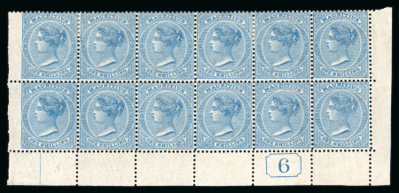 Stamp of Mauritius » 1860-72 De La Rue Issues (SG 46-72) 1863-72 1s blue in mint block of 12, lower marginal showing current number "6"