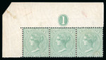 Stamp of Mauritius » 1860-72 De La Rue Issues (SG 46-72) 1863-72 6d blue-green top left corner strip of three with plate number "1", stamps never hinged
