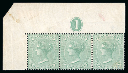 Stamp of Mauritius » 1860-72 De La Rue Issues (SG 46-72) 1863-72 6d blue-green top left corner strip of three with plate number "1", stamps never hinged
