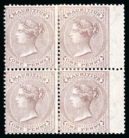Stamp of Mauritius » 1860-72 De La Rue Issues (SG 46-72) 1863-72 1d pale purple brown right wing-marginal block of four and 1d purple-brown with inverted watermark in mint n.h. block of four