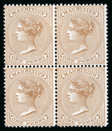 Stamp of Mauritius » 1860-72 De La Rue Issues (SG 46-72) 1863-72 1d purple-brown with inverted watermark in mint n.h. block of four and 1s bistre mint block of four