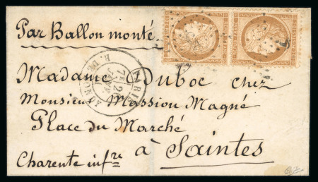 Stamp of France » Ballons Montés 1870, paire tête-bêche n°36b bistre-brun 10c. sur ballon "Le Cambronne"