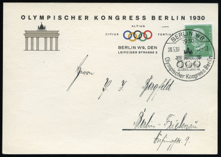 Stamp of Olympics » 1930 Berlin Congress 1930 (May 30) Berlin Olympic Congress printed card with 5pf tied by special Congress 28.5.30 12am-1pm cds